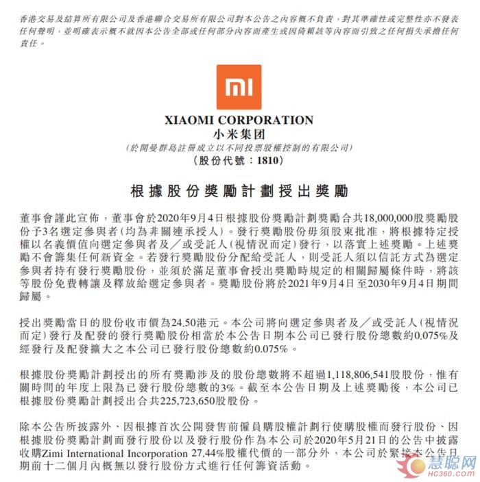 小米集团：奖励1800万股予3名选定参与者
